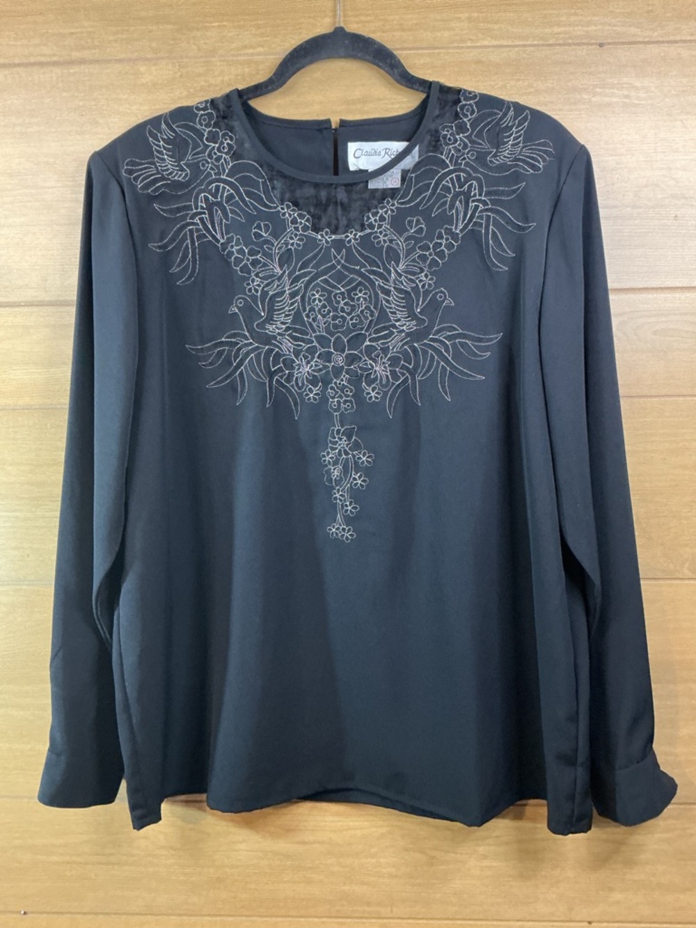 Black Embroidered Blouse Birds Floral Vintage Style Women’s M/L